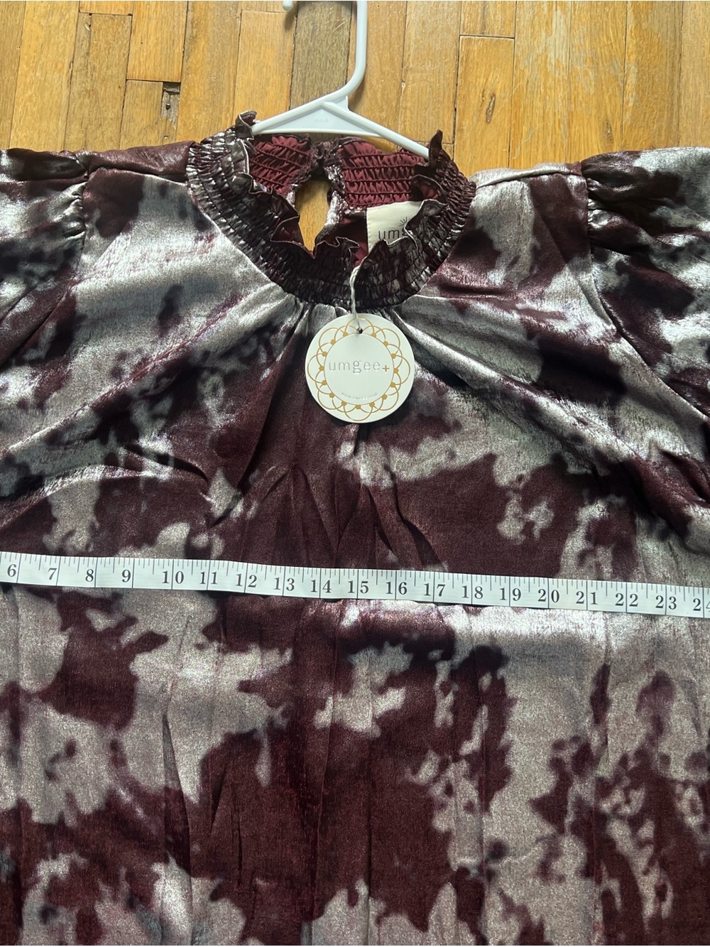 Umgee Maroon and Silver Tie-Dye Smocked Neck Tunic - Picture 6 of 11